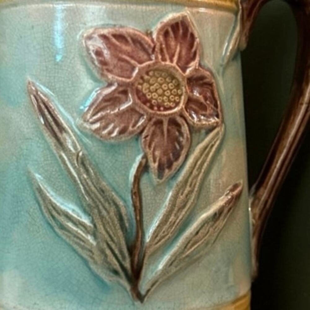 Antique English Majolica Pitcher • Relief Floral • Scroll Handle • c. 1890–1920 - Picture 3 of 14
